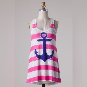Blu anchor pink stripes summer tank top Small